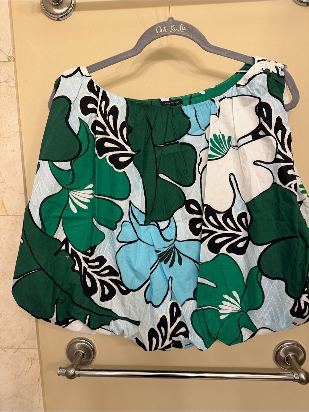 Ann Taylor Green, Blue, White and Black Floral Bubble Top